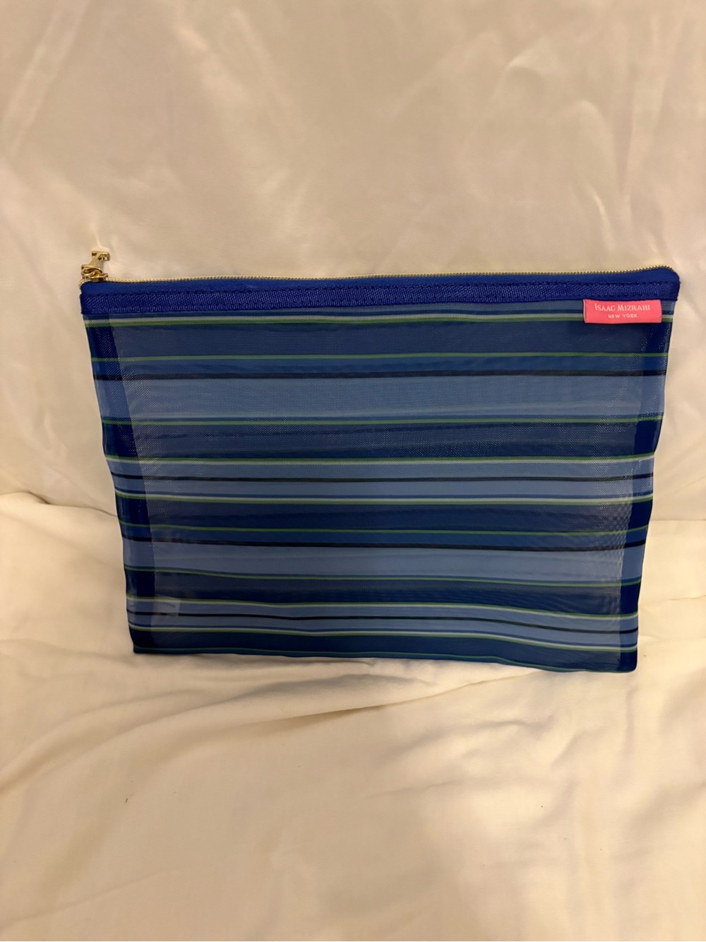 Isaac Mizrahi Blue Striped Mesh Cosmetic Pouch with Green Accents
